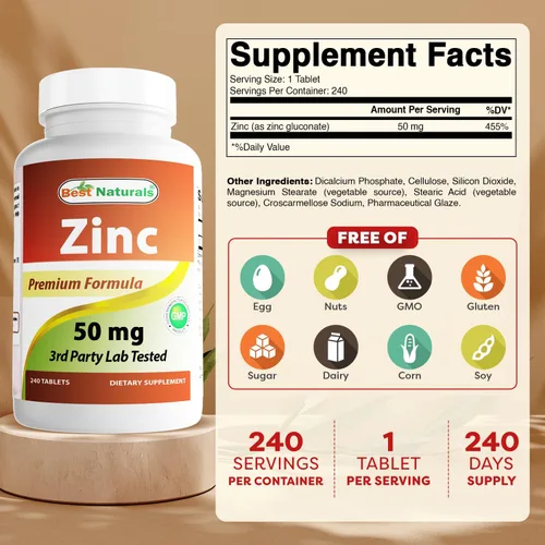 Miniatura 2 de Best Naturals - Suplemento de zinc como gluconato de zinc de 50 mg, 240 comprimidos, paquete de 2