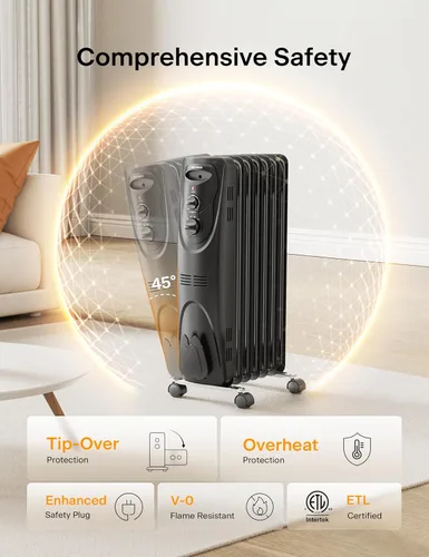 Miniatura 5 de PELONIS Calentador de radiador para grandes espacios, radiador eléctrico lleno de aceite, dos perillas, 1500 W, calentador de espacio silencioso, 3