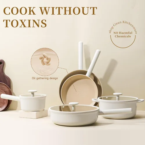 Miniatura 6 de JEETEE Juego de utensilios de cocina de cerámica, 15 ollas y sartenes antiadherentes con asas extraíbles, juego de utensilios de cocina de inducción