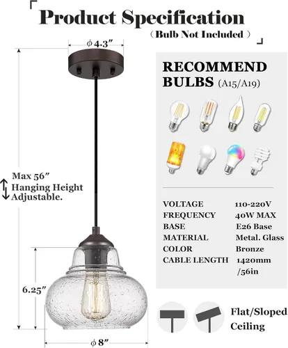 Miniatura 4 de ELYONA Paquete de 2 Luces Colgantes de Vidrio Burbuja, Lámpara Colgante Vintage de 8 Pulgadas de Vidrio Granulado, Luminarias Colgantes Industriales