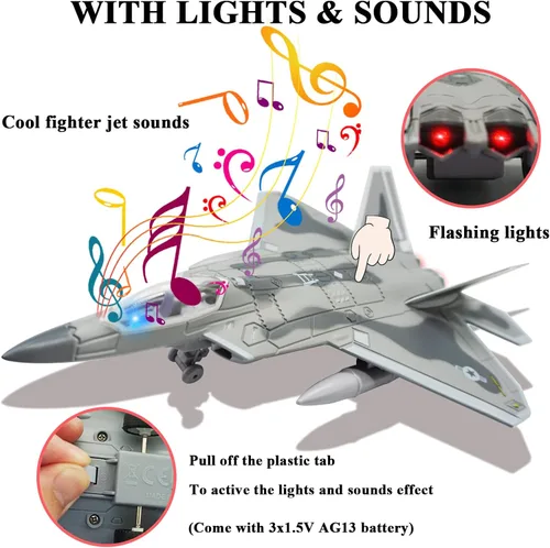 Miniatura 3 de OTONOPI Fighter Jet Toy F-22 Raptor Fighter Bomber Avión Diecast Army Fighting Jet 1/100 Modelo de aviones con luces y sonidos para niños