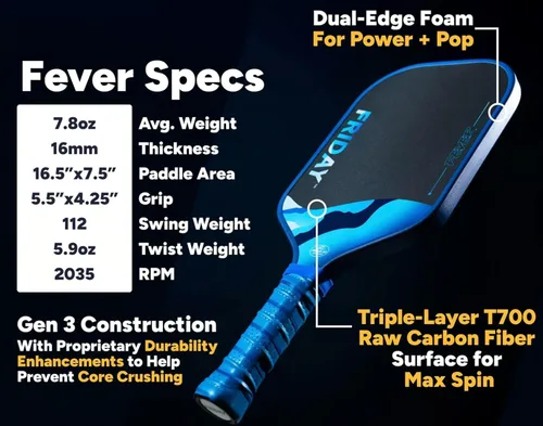 Miniatura 4 de Pala de pádel Friday Fever, fibra de carbono T700 en capa triple sin tratar, construcción de 3ª generación, espuma de doble filo, certificada USAP