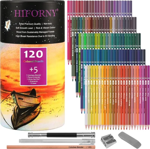 HIFORNY Juego de 125 lápices de colores para adultos, 120 lápices de colores con extras; lápices de dibujo, suministros de manualidades para adultos