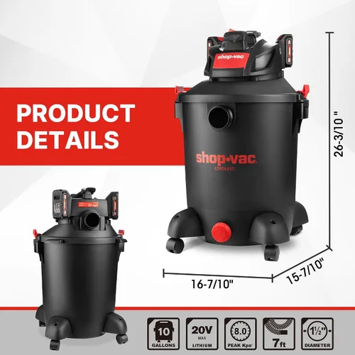 Miniatura 5 de Shop-Vac 5430031 Aspiradora inalámbrica húmeda/seca de 10 galones y 20 V con manguera de 1.5 pulgadas x 7 pies, incluye (2) varitas de extensión