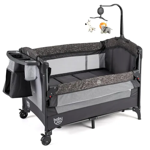 BABY JOY Paquete y juego 5 en 1, cama de noche para bebé con moisés, corral portátil para bebé con cambiador de pañales en forma de U, correa de