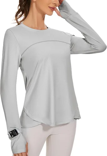 Blingfit Camisas de entrenamiento para mujer, camisetas atléticas de manga larga UPF 50+, camisetas de protección solar con agujero para el pulgar y