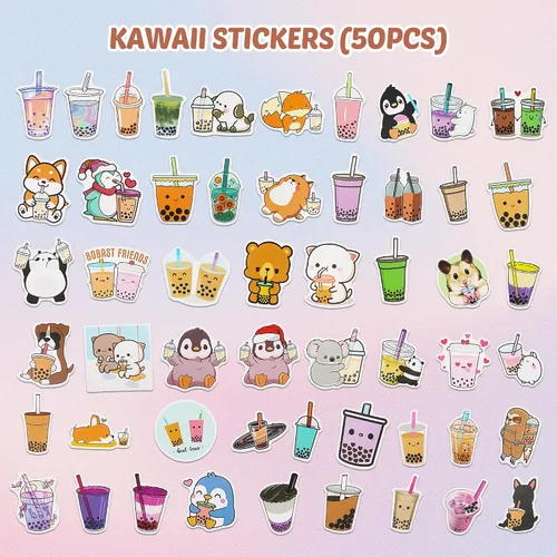 Miniatura 6 de Juego de papelería de té de burbujas, 61 piezas de suministros escolares Kawaii y estuche Boba para niñas, con 8 bolígrafos, 50 calcomanías, bolsa