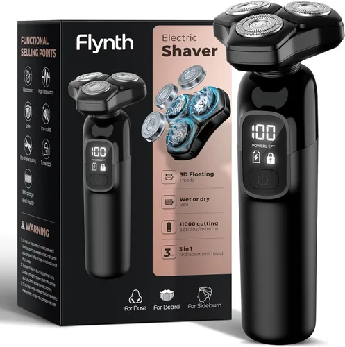 Maquinilla de afeitar eléctrica para hombres Flynth 3 en 1, afeitadora inalámbrica giratoria de 3 cuchillas húmeda/seca para barba, nariz y cara,