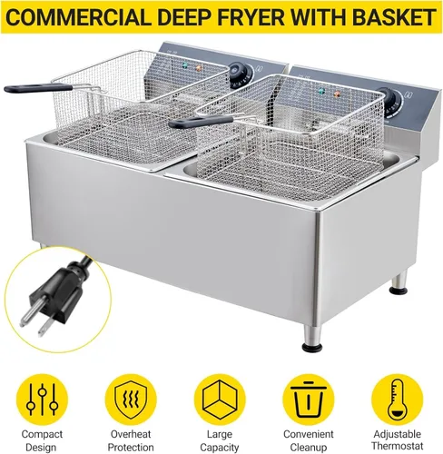 Miniatura 3 de Freidora comercial de 3400 W doble 11L/3.3 galones - Sistema de encimera de acero inoxidable 201 con filtración de aceite y cestas ajustables