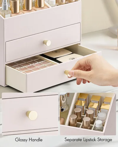 Miniatura 3 de Organizador de maquillaje Vlando, organizador para el cuidado de la piel para tocador, organizador de maquillaje de PU con cajones, estuche