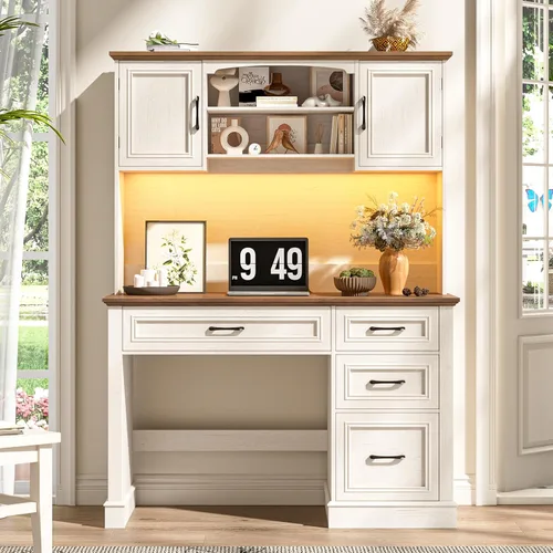 Miniatura 10 de Escritorio ejecutivo de granja de 67 pulgadas de alto con gabinete, mesa de oficina con luz LED y 4 cajones, escritorio para computadora