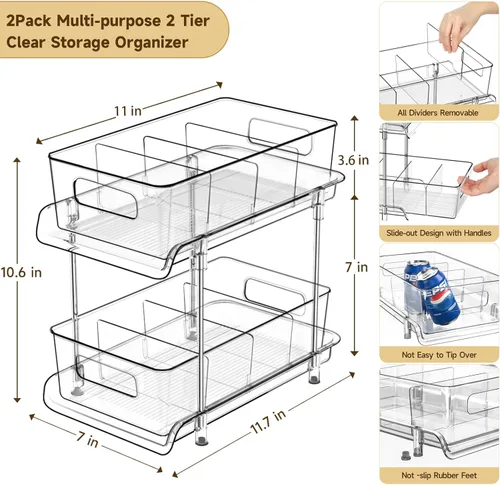 Miniatura 3 de HIHEGD Organizador de baño de 2 niveles con divisores, organizador transparente para debajo del fregadero y armario extraíble para almacenamiento