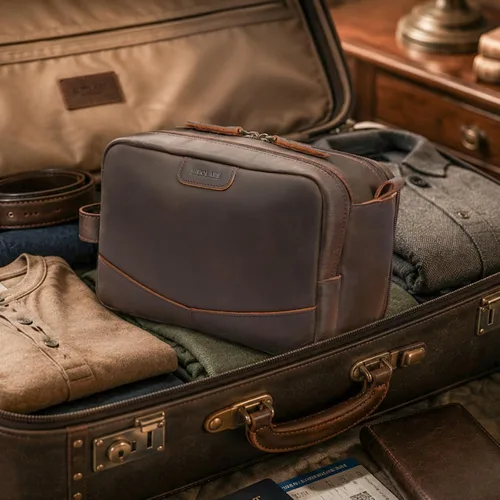 Miniatura 7 de Polare - Neceser de cuero de grano completo, kit de afeitado, estuche de viaje, bolsa de lavado con cremalleras YKK