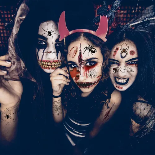 Miniatura 7 de Maquillaje de broma de Halloween, tatuaje temporal, 26 piezas de tatuajes temporales de Halloween para adultos, tatuajes de boca de Halloween