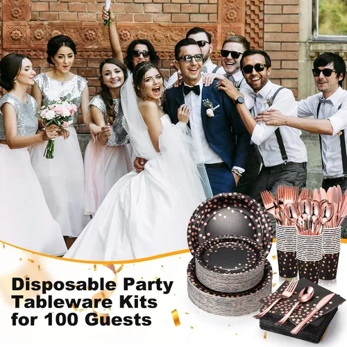 Miniatura 5 de 700 piezas de suministros de fiesta de color negro y oro rosa para 100 invitados, juegos de vajilla desechables, platos de papel de oro rosa negro