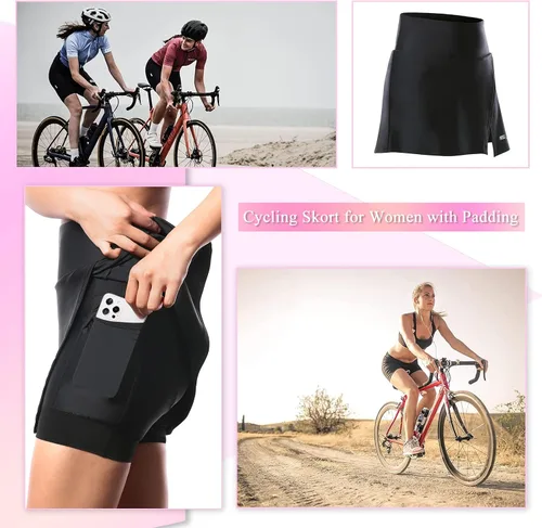 Miniatura 7 de Falda de ciclismo para mujer con pantalones cortos acolchados, falda de bicicleta de cintura alta con acolchado y bolsillos, pantalones cortos