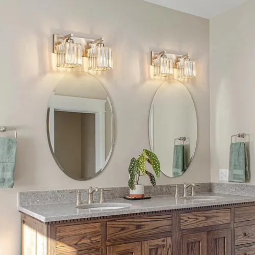 Miniatura 3 de Lámpara de tocador moderna de 2 luces de níquel cepillado, lámpara de tocador de cristal, luz de pared de baño, accesorios de iluminación de baño