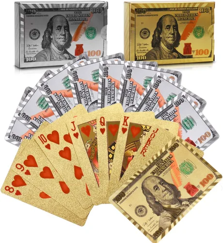 Joyoldelf 2 barajas de cartas de juego de 24 quilates, póquer impermeable con patrón de dólar en caja de regalo, 1 oro + 1 plata