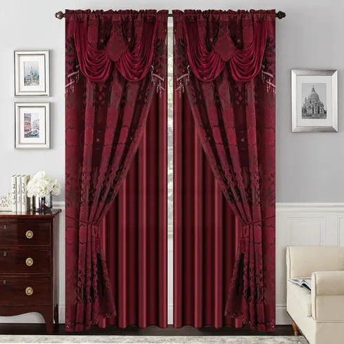 Miniatura 6 de Petrichor Cortinas de gasa jacquard transparente borgoña (54 pulgadas de ancho x 63 pulgadas de largo), 2 paneles con cenefa adjunta, diseño floral
