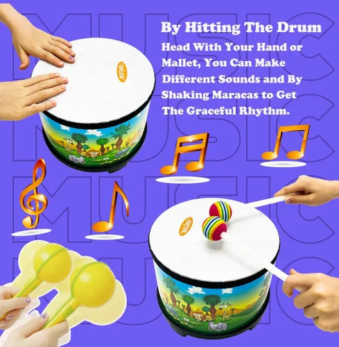 Miniatura 6 de Crafteem Floor Tom Drum para niños, instrumento de percusión de 8 pulgadas, tambor de música con 2 mazos y maracas de color para bebés, niños