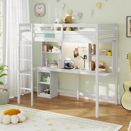 Miniatura 10 de Giantex Cama alta individual con escritorio y estantería, marco de cama alta de madera maciza con barandillas de seguridad y escalera, marco de cama