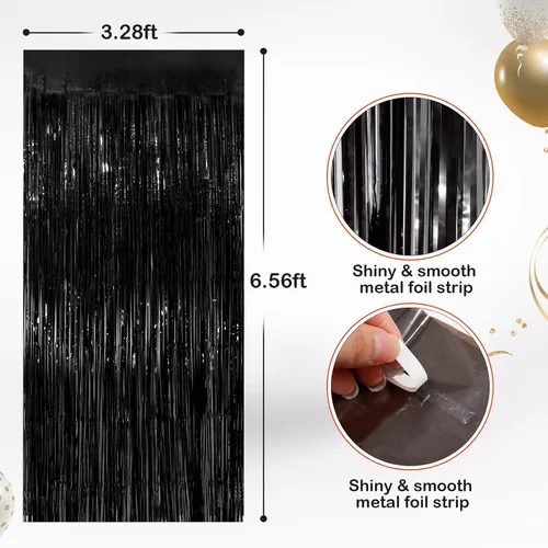Miniatura 2 de Paquete de 2 cortinas de flecos de papel de oropel metálico negro, serpentinas de puerta, telón de fondo para cabina de fotos para fiesta
