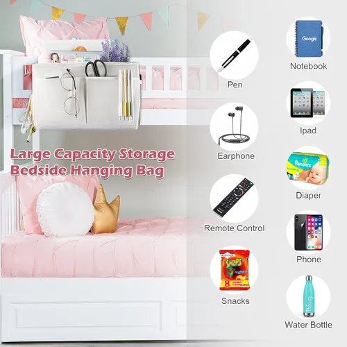 Miniatura 6 de Almacenamiento colgante de mesita de noche con soporte para botella de agua para litera, cama de hospital, dormitorios (blanco)