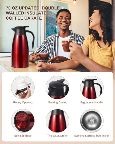 Miniatura 5 de Jarra térmica de café de 70 onzas para mantener el calor, 2 dispensadores de Airpot, olla térmica aislada al vacío de acero inoxidable para café