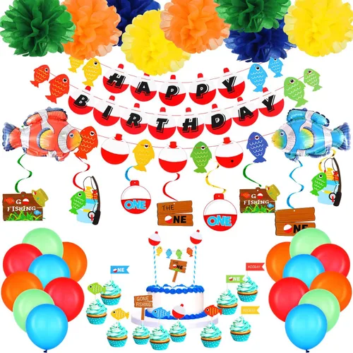 Skylety Decoraciones de cumpleaños de pesca, 55 piezas, suministros de fiesta de pesca, pancarta de feliz cumpleaños, flores multicolores, remolinos