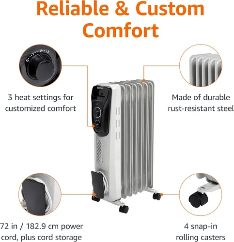 Miniatura 2 de Amazon Basics Radiador de aceite portátil para uso en interiores, 3 ajustes de calor, protección contra sobrecalentamiento, seguridad certificada
