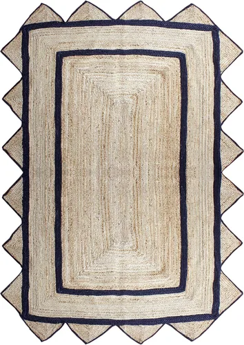 Alfombra de borde festoneado, alfombra tejida a mano de yute natural, 2 x 3 pies, color beige y negro, alfombra de sisal trenzada Kilim para sala de