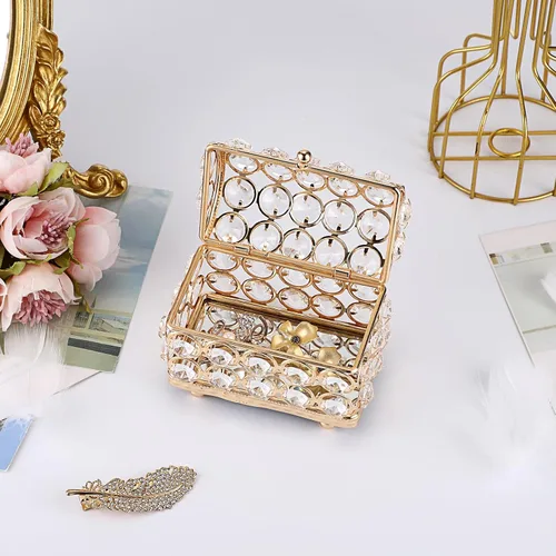 Miniatura 6 de ELLDOO Joyero de cristal, caja organizadora de aretes, anillos, decoración del hogar, caja decorativa con tapa, regalo dorado para San Valentín