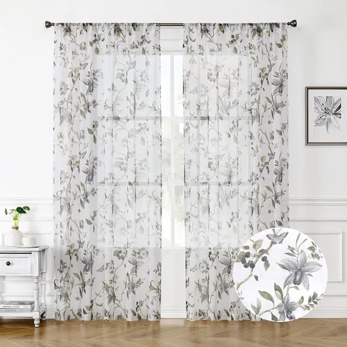 Miniatura 19 de Tollpiz Cortinas cortas y traslúcidas con estampado de mariposas y cerezo gris, media cortina con bolsillo para barra de cocina, cortinas