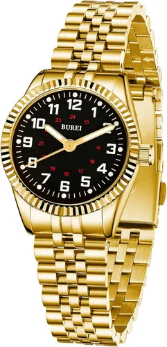 Miniatura 18 de BUREI Reloj de negocios para mujer con fecha de día, movimiento de cuarzo analógico, pulsera de acero inoxidable de oro plateado, reloj de moda