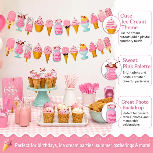 Miniatura 4 de Outus 2 pancartas de helado de 118 pulgadas, guirnalda de decoración de fiesta de helado para cumpleaños, baby shower, cumpleaños de niñas, mesa