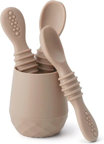 Miniatura 10 de SAMiGO Utensilios de silicona para bebés – Cucharas de autoalimentación y pequeña taza de entrenamiento – Suministros de destete LED para bebés