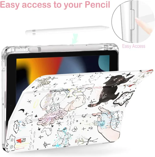 Miniatura 5 de Feams Funda para iPad de 9ª generación, funda triple para iPad 10.2, cubierta trasera transparente con soporte para lápiz y apagado Ángel