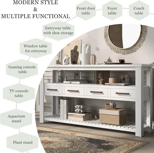 Miniatura 6 de Mesa consola multifunción vintage, mesa de sofá moderna de 62.2 pulgadas con 4 cajones y 2 estantes de almacenamiento, aparador de madera para Blanco