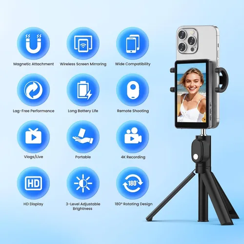 Miniatura 2 de Vlog - Pantalla de monitor para selfie para iPhone, grabación 4K a 60 fps, espejo de pantalla inalámbrico con control remoto, fijación magnética