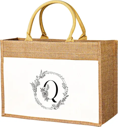 Miniatura 9 de JUSTOTRY Bolsa de mano con inicial, yute natural, grande, 13 onzas, personalizada, bolsa de lona con monograma, regalo para mujer