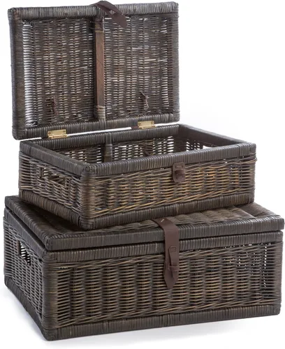 The Basket Lady Juego de 2 cestas de almacenamiento de mimbre cubiertas de color marrón nogal antiguo