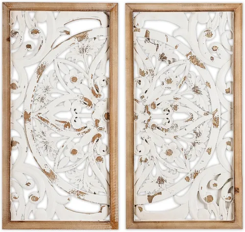 Miniatura 7 de XIAOAIKA Arte de Pared Tallado Boho, Paneles Blancos Envejecidos Antiguos de 31.5 Pulgadas, Escultura Decorativa Tallada a Mano para Sala de Estar