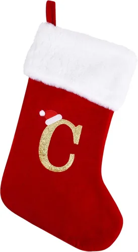 Miniatura 10 de Medias de Navidad con monograma de 20 pulgadas con letras, medias de Navidad grandes súper suaves, terciopelo rojo con puño de felpa blanco súper