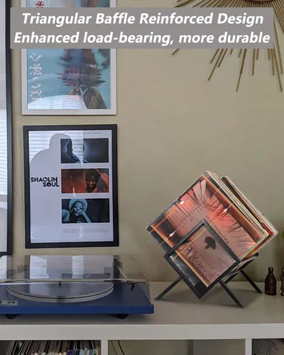 Miniatura 6 de Soporte para discos de vinilo, organizador de vinilo 80-110 LP, estante de almacenamiento de álbumes de metal para libros, álbumes, revistas
