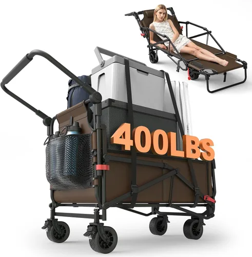 Miniatura 12 de LEVELEVE Vagón Plegable de Servicio Pesado - Carrito Plegable 2 en 1, Capacidad de 400 libras, Ruedas Todo Terreno con Frenos y Bolsillos Laterales