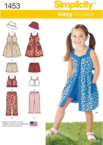 Simplicity Kit de patrón de costura para vestido de niña, top, pantalones o pantalones cortos y sombrero, código 1453, tallas 3-8
