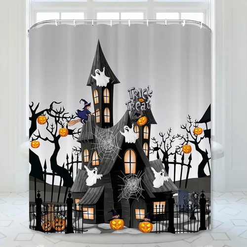 ARESD Cortina de ducha de Halloween para baño, cortina de baño de tela de araña de casa de terror y calabaza, cortinas de ducha de poliéster
