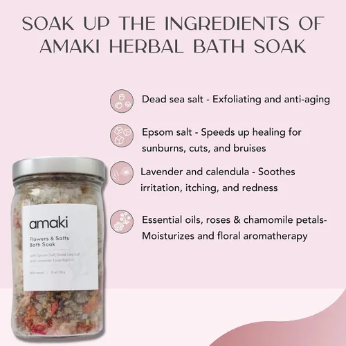 Miniatura 4 de Juego de flores y sales de baño Amaki Skincare con aceite esencial lavanda, pétalos de rosa, lavanda, caléndula y flores de manzanilla (2 paquete)