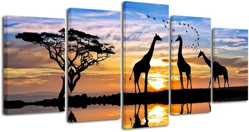 Pyradecor 5 piezas de lienzo de paisaje africano estirado moderno, diseño de animales, puesta de sol, pinturas sobre lienzo, arte de pared para sala
