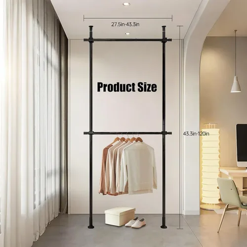 Miniatura 6 de Perchero de doble barra resistente, perchero ajustable de piso a techo, 2 barras transversales de 220 libras de capacidad cada una, acero al carbono